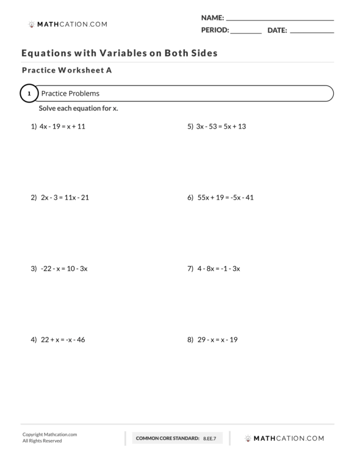 Solve Equations With Variables on Both Sides worksheet for Eighth Grade