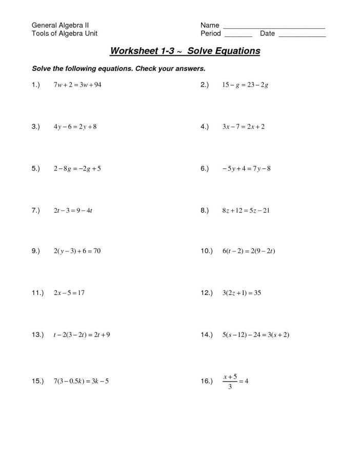 Eighth grade math worksheet for practicing solving equations with variables on both sides