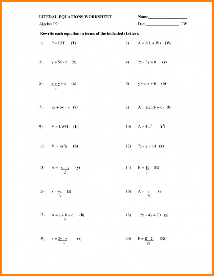 Algebraic equations worksheet featuring problems to solve for x
