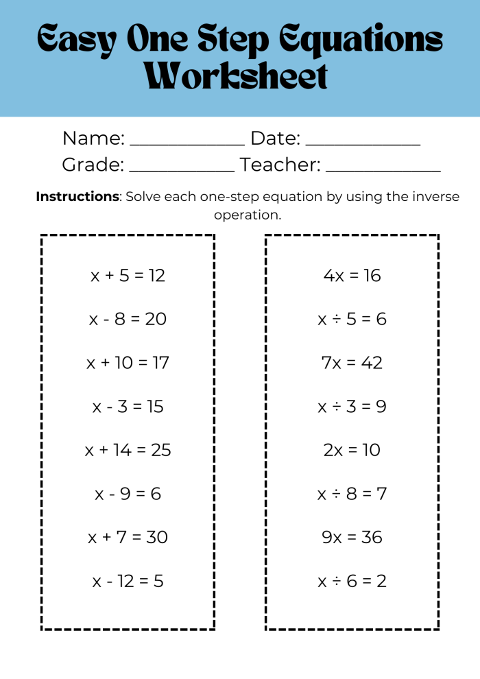 Sixth grade math worksheet for practicing one-step equations with mixed operations