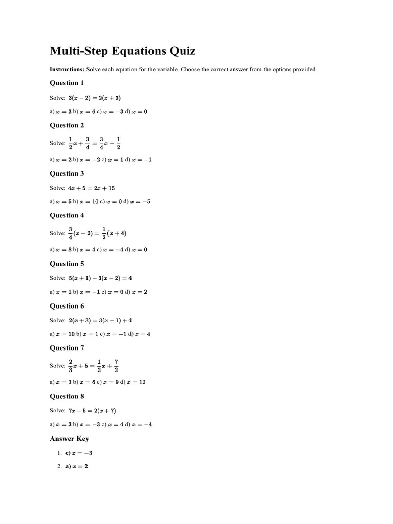 Eighth grade algebra worksheet featuring a quiz on solving multi-step equations number five