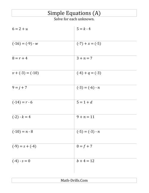 Worksheet featuring mixed operations for solving one-step equations for sixth graders