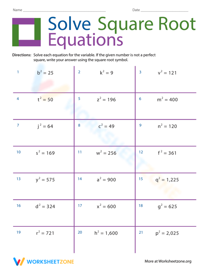 Practice problems for solving equations containing squared variables and square roots Eighth grade student solving square root equations with variables on a math worksheet
