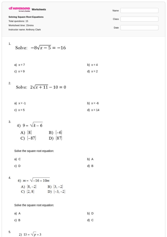 Solving Square Root Equations Worksheet for Eighth Grade Math Practice Eighth grade student working on a math worksheet about solving square root equations