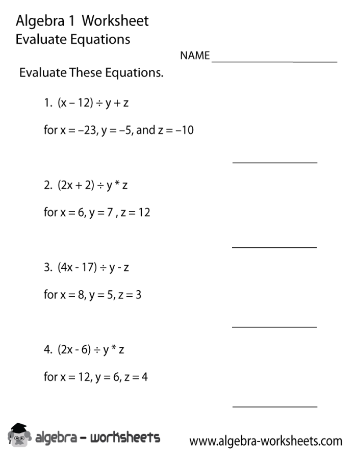 Algebra practice worksheet showing equations to solve for the variable x with step-by-step math problems