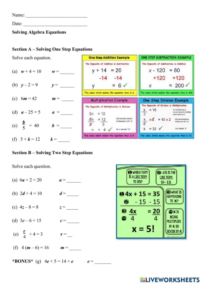 Student solving basic algebraic equations for x on a worksheet