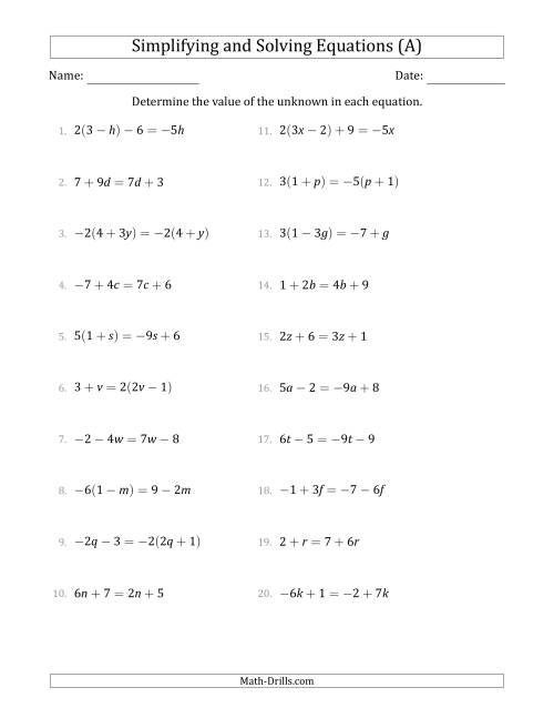 Seventh grade math worksheet featuring algebra problems that require solving equations with parentheses by using division first