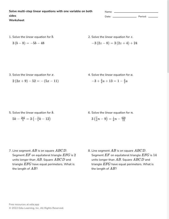 Eighth grade math worksheet focusing on solving equations with variables on both sides of the equal sign