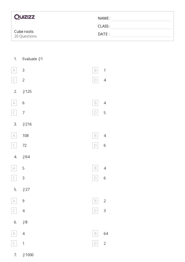 Eighth grade math worksheet focusing on solving equations that involve square roots and squared variables