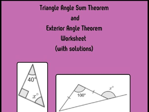 Eighth grade geometry worksheet featuring algebraic expressions for finding exterior angles of triangles