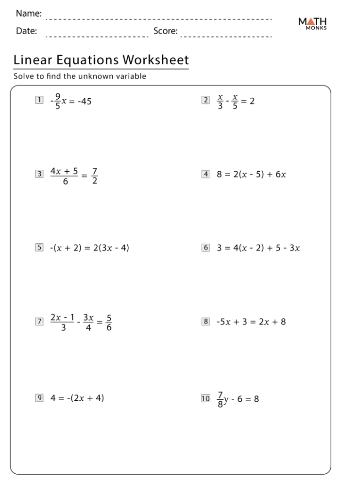 Solutions to Linear Equations Practice Worksheet 17 Eighth grade algebra worksheet focusing on determining the number of solutions to linear equations