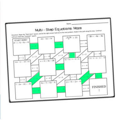 Worksheet featuring a maze for solving one-step equations with addition, subtraction, multiplication, and division