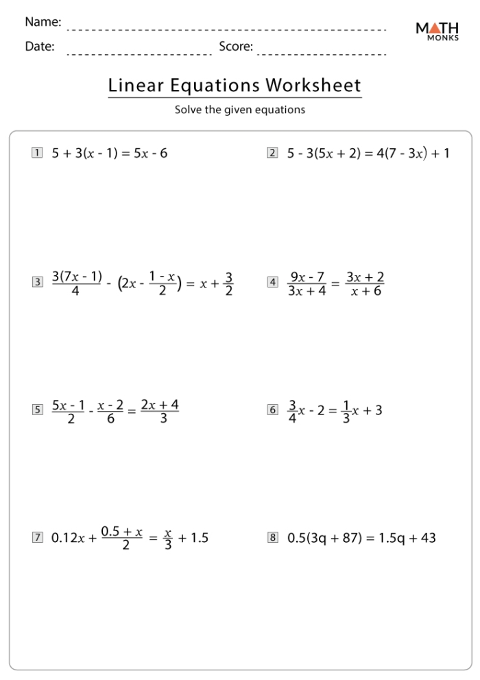 Sixth grade math worksheet featuring practice problems for finding solutions to one-variable equations
