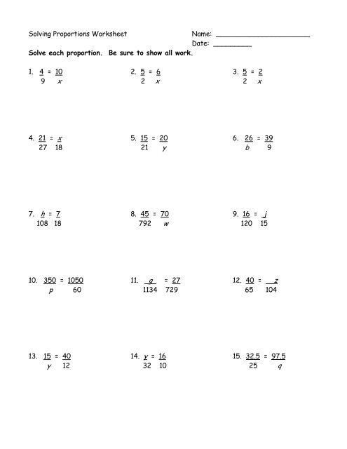 Seventh grade math worksheet featuring several practice problems for solving proportions