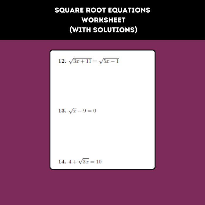 Eighth grade math worksheet showing problems for solving equations involving square roots