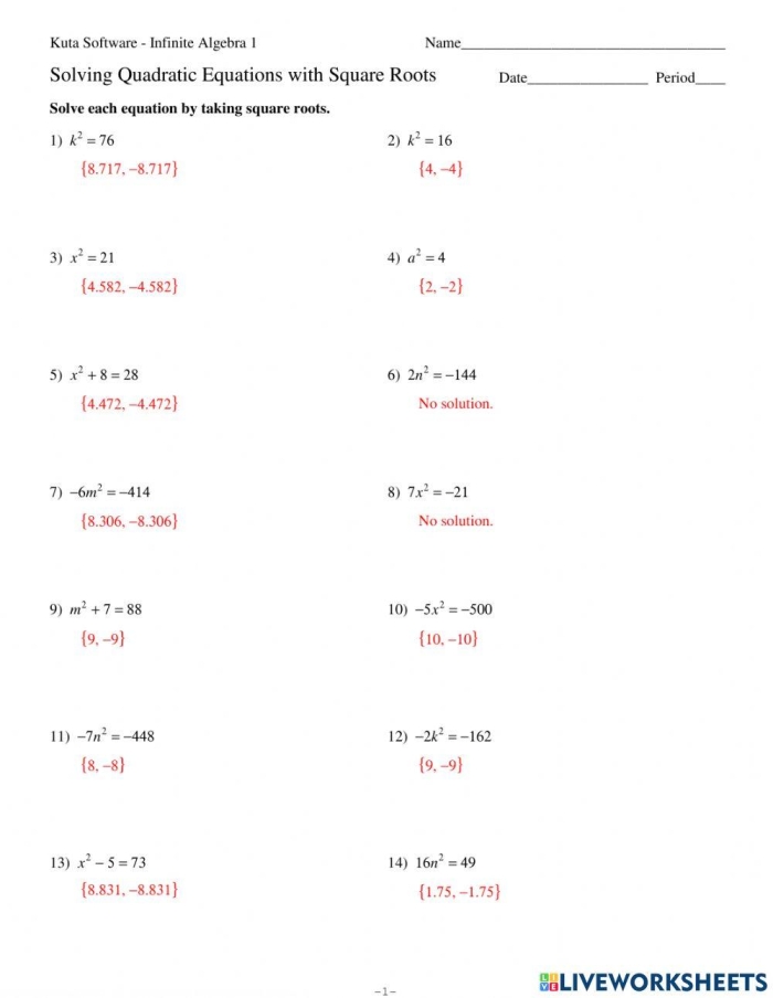 Eighth grade math worksheet focusing on solving equations that involve squared variables