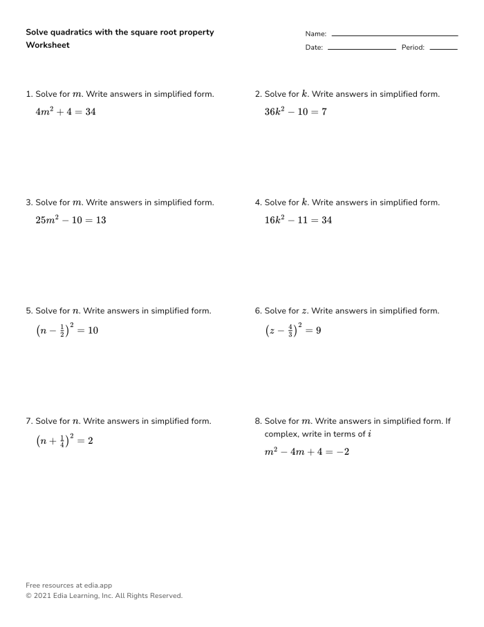Eighth grade math worksheet focusing on solving equations involving squared variables