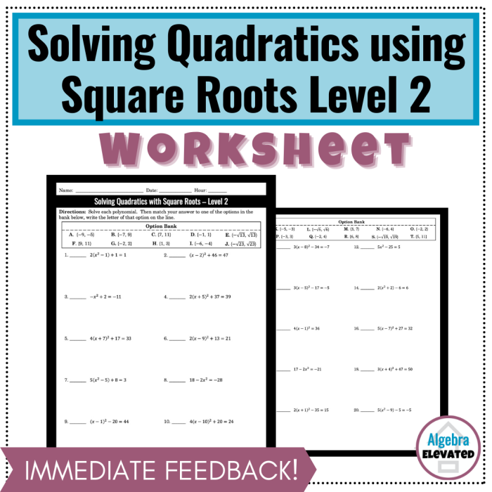 Eighth grade math worksheet showing problems for solving equations that contain square roots