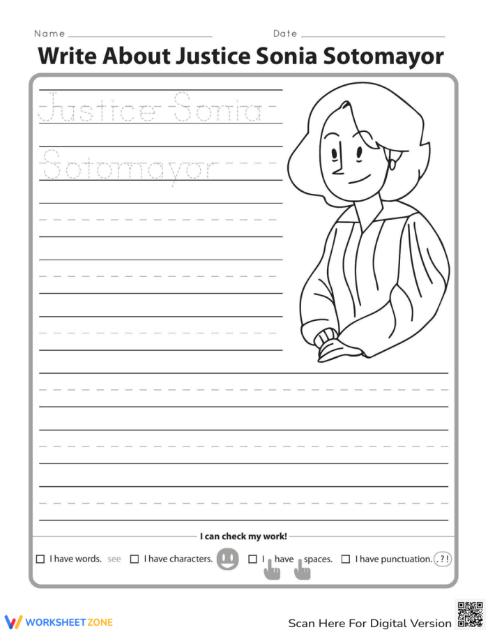 Sonia Sotomayor worksheet illustrating her childhood challenges and achievements