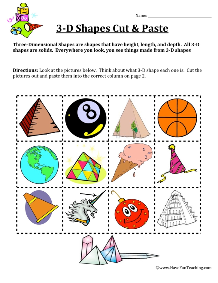 Worksheet for sorting and coloring three-dimensional shapes designed for Pre-K students