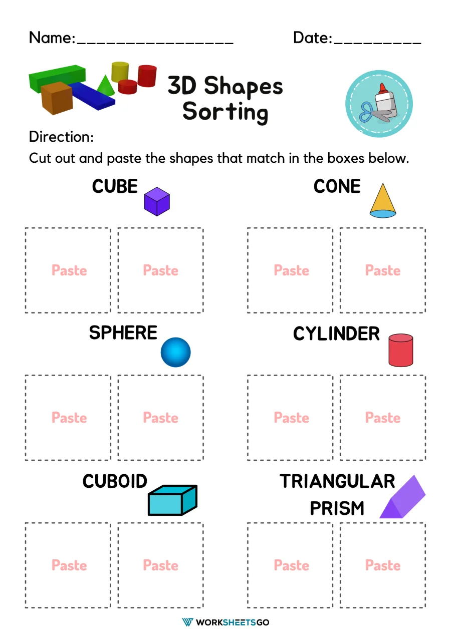 Colorful worksheet featuring three-dimensional shapes for preschool geometry