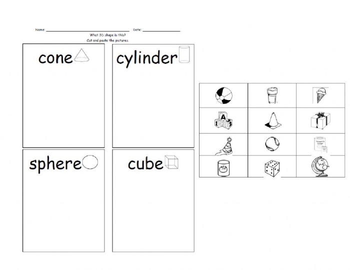 Worksheet featuring three-dimensional shapes for sorting and coloring in preschool education