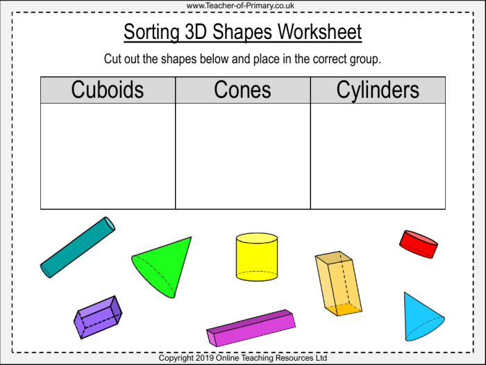 Colorful worksheet featuring three-dimensional shapes for young learners