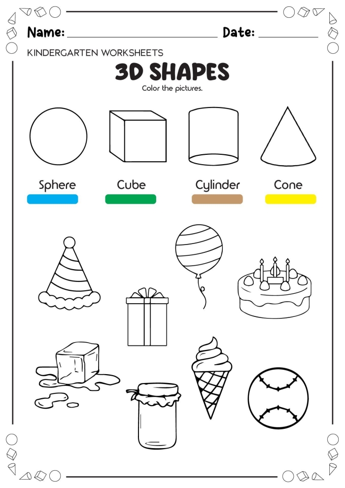 Colorful worksheet featuring three-dimensional shapes for young learners