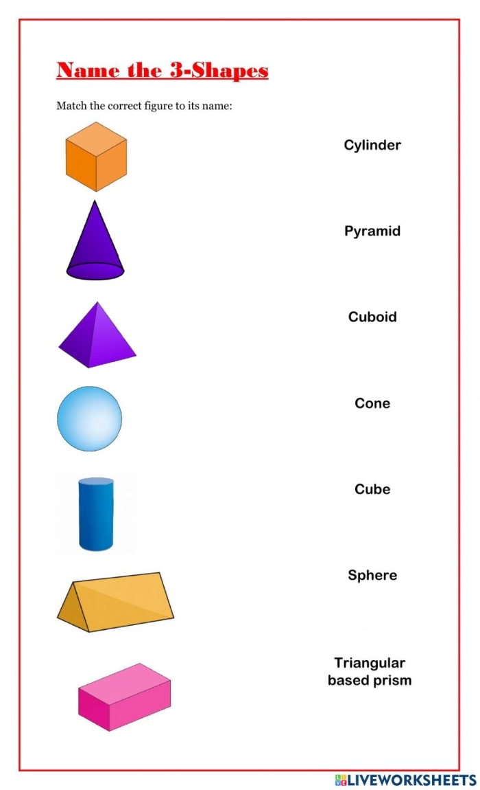 Colorful worksheet featuring three-dimensional shapes for young learners