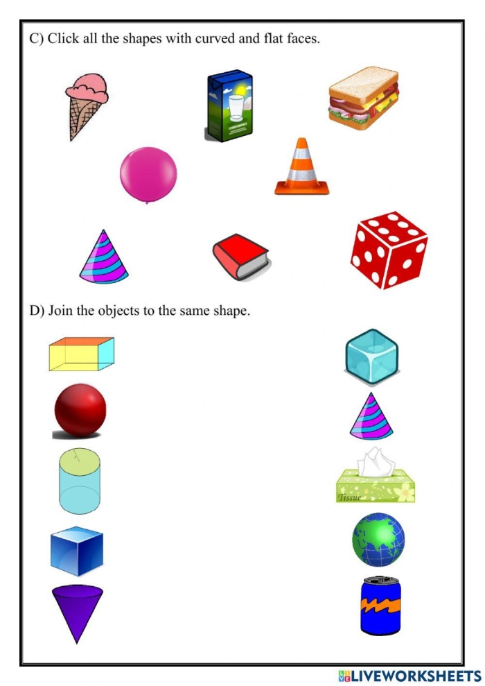 Colorful worksheet featuring three-dimensional shapes for young learners