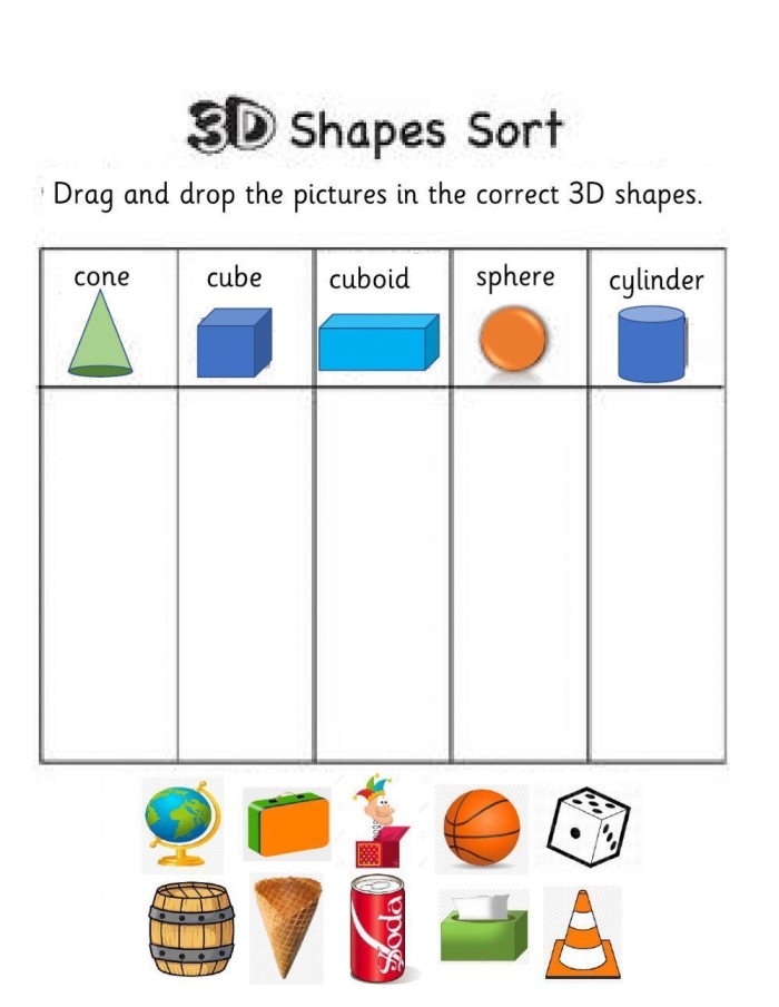 Colorful worksheet featuring three-dimensional shapes for young learners