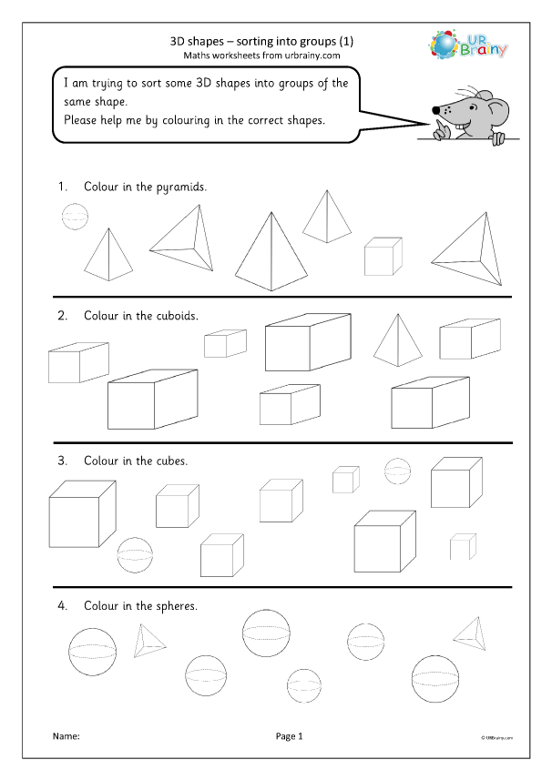 Colorful worksheet featuring three-dimensional shapes for preschoolers