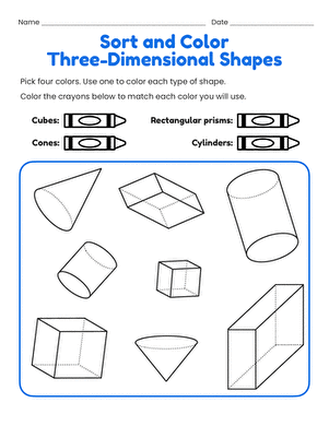 Worksheet featuring three-dimensional shapes for sorting and coloring