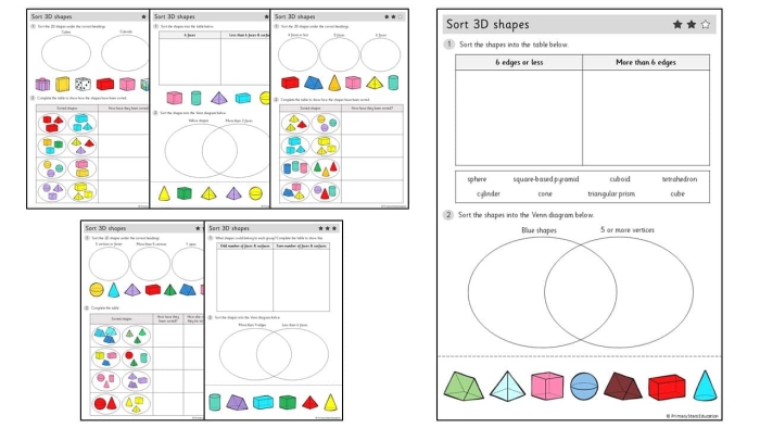 Colorful worksheet featuring three-dimensional shapes for preschoolers