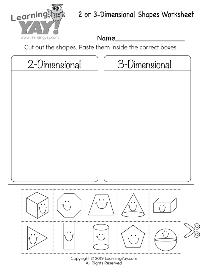 Worksheet featuring three-dimensional shapes for sorting and coloring