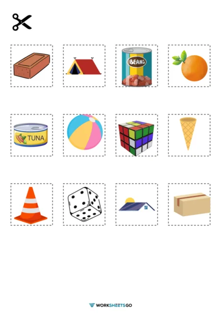 Three-dimensional shapes worksheet for preschoolers featuring sorting and coloring activities
