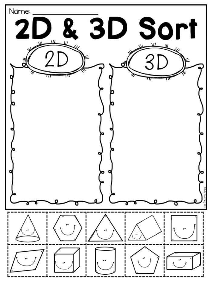 Colorful worksheet featuring three-dimensional shapes for young learners