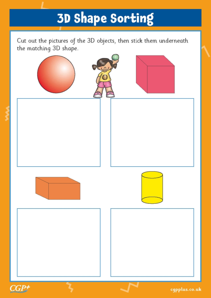 Coloring worksheet featuring three-dimensional shapes for Pre-K students