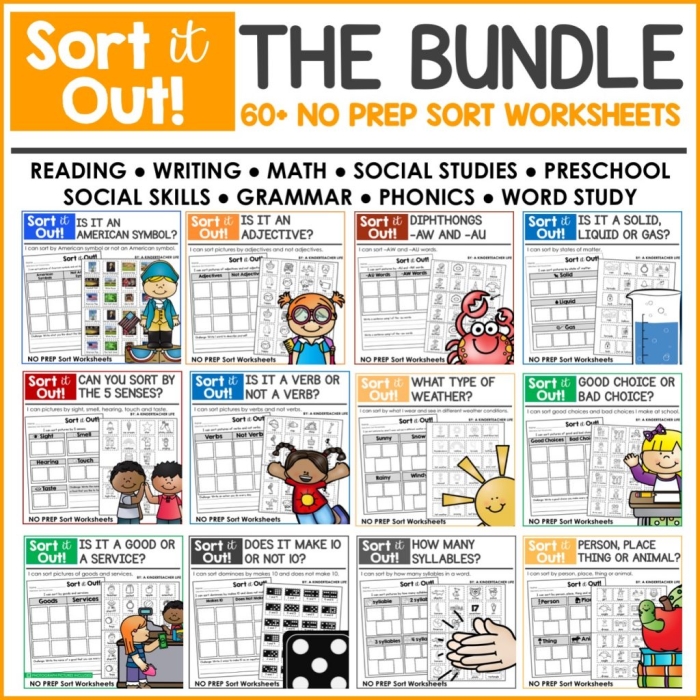 Sort It Out worksheet for assessing number theory skills in young learners Sorting assessment for Pre-K students featuring shapes and colors