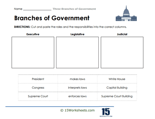 Third grade students matching government roles to the executive legislative and judicial branches on a worksheet