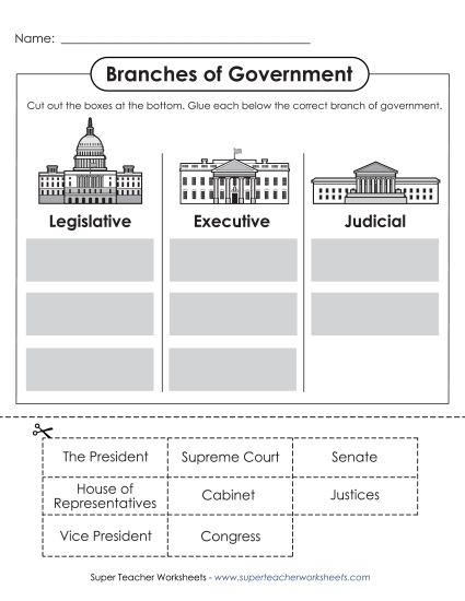 Third grade students matching government roles to the legislative executive and judicial branches on a worksheet