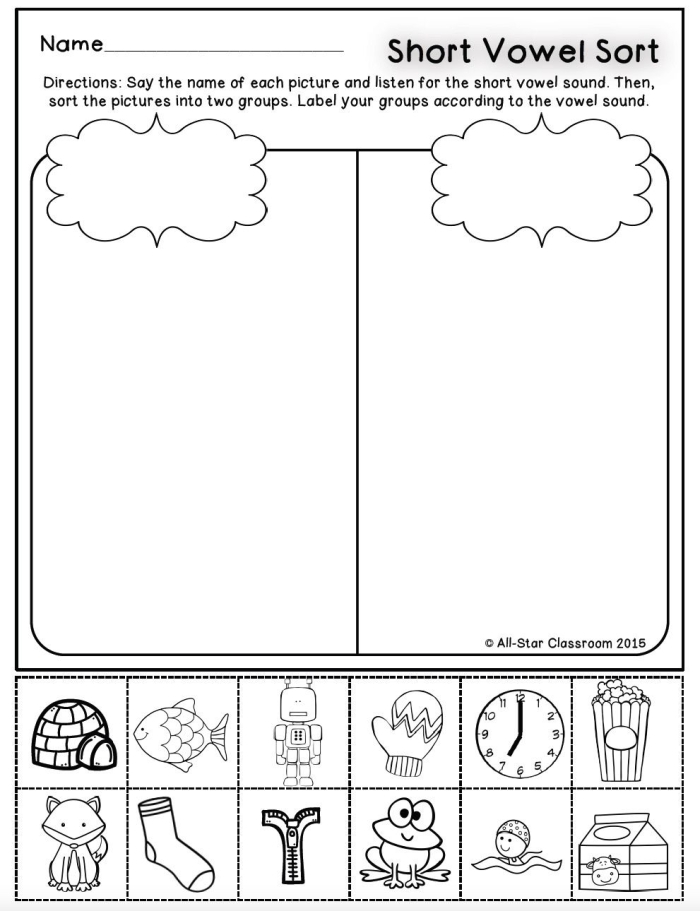 Sort the Short Vowels Worksheet 23 Pre-K student sorting short vowel sounds on a colorful practice worksheet