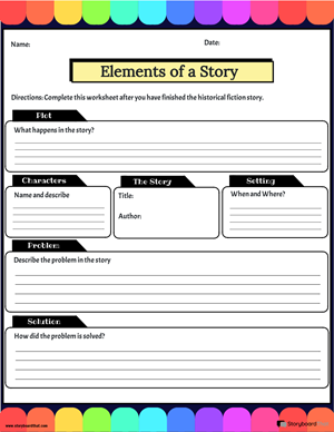 Worksheet featuring a sorting activity for identifying story elements aimed at third graders