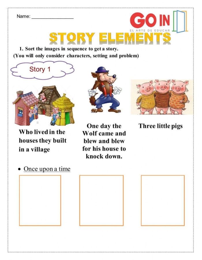 Sorting activity for identifying story elements in a third-grade phonics worksheet