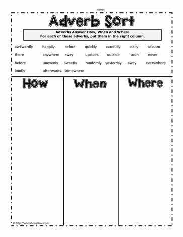 Sorting Out Adverbs worksheet for second graders focusing on grammar skills Worksheet featuring sorting activities for adverbs by various categories