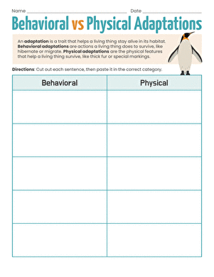 Second grade students sorting animal adaptations into behavioral and physical categories on a cut and paste worksheet