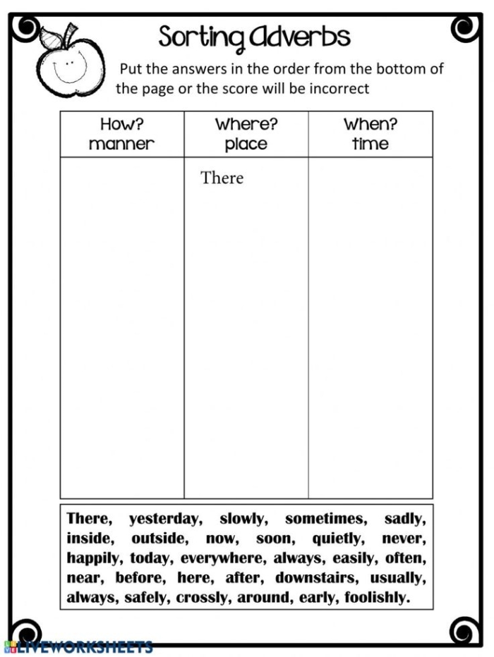 Engaging hands-on grammar activity for young learners to sort adverbs effectively Sorting Out Adverbs worksheet for second graders featuring categories like location, degree, manner, time, and frequency