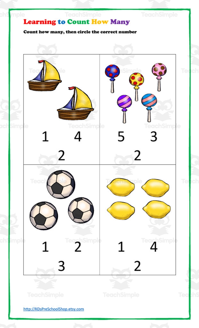 Preschool worksheet featuring colorful shapes and counting tasks to practice sorting skills