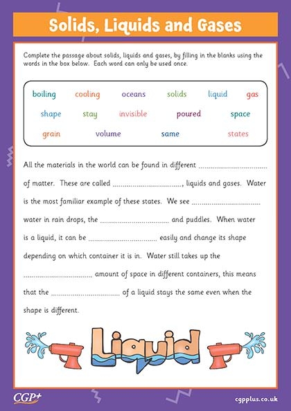 First grade students filling out a worksheet on solids, liquids, and gases in physical science