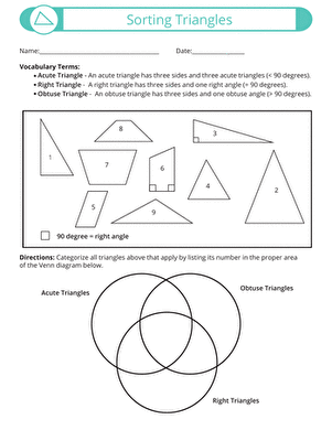 Fifth grade math worksheet showing triangles sorted by angle types including acute right and obtuse examples for classification practice